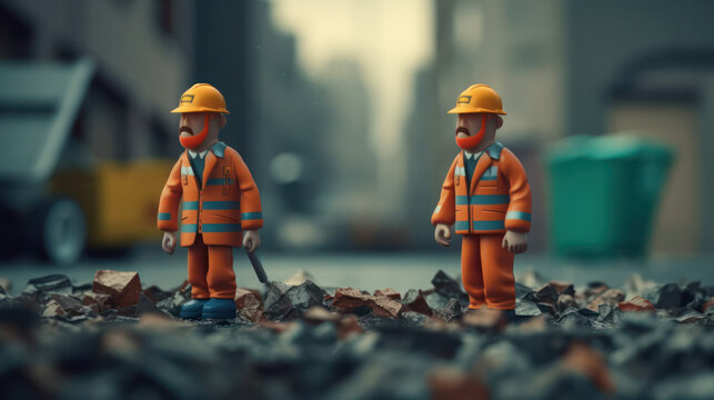 minifigures Workers of the city municipal waste collector in overalls clean up the garbage on the streets of the city.Generative AI