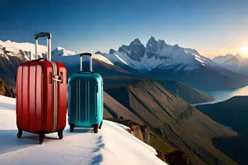 Suitcases in the snowy valley. Vacation concept. Created with generative AI technology.