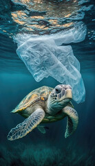 AI generated illustration turtle with plastic bag underwater environmental pollution in ocean