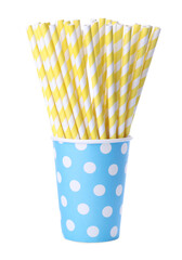 Striped paper cocktail tubes on white background