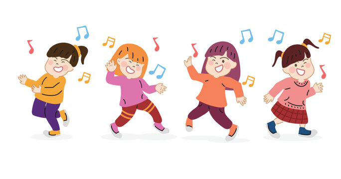 Set happy cute kids girl dance together. Cartoon hand drawn character vector isolated on white background.