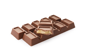 Delicious sweet chocolate bars on white background