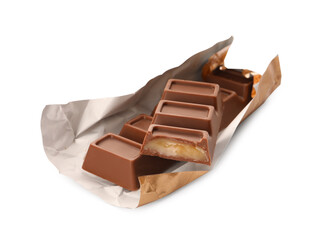 Paper wrap with delicious chocolate bars on white background