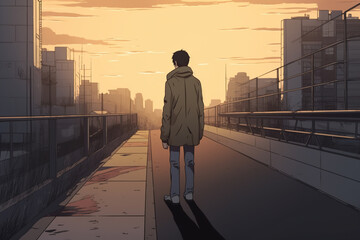 Sad anime guy walking alone on city street. AI generated image.