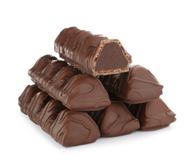 Many tasty chocolate bars isolated on white