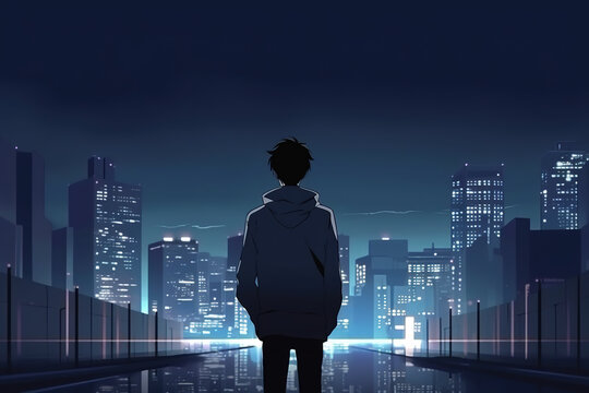 Sad anime guy walking alone on city street. AI generated image.