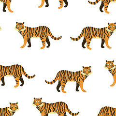 Naklejka premium Seamless vector pattern of tiger drawn in primitive style