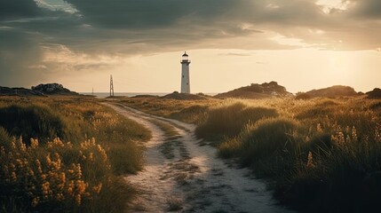 North Sea costal view with an endless road and a lighthouse during stormy weather
