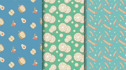 Fruits and vegetables seamless pattern in retro style. Culinary set pattern.