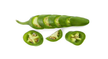 Whole and cut green hot chili peppers on white background, flat lay