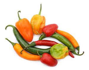 Different hot chili peppers isolated on white, top view