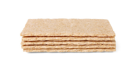 Stack of fresh crunchy rye crispbreads on white background