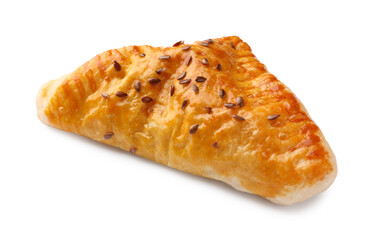 Fresh delicious puff pastry with cheese on white background