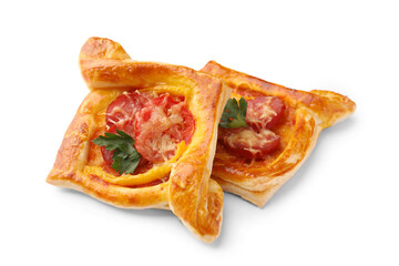 Fresh delicious puff pastry with cheese, tomatoes and parsley on white background, closeup