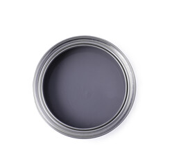 Can with gray paint on white background, top view