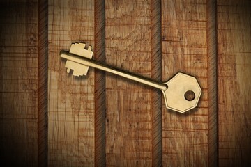 Modern one steel key on wooden desk