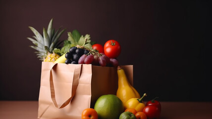 Shopping bag with healthy food vegetables and fruits, Created using generative AI technology