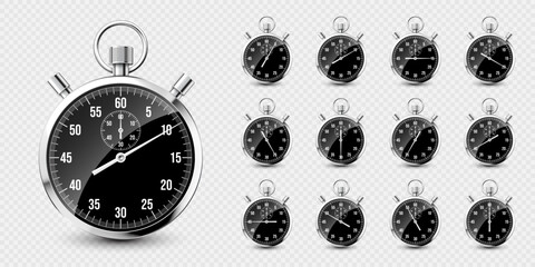 Realistic classic stopwatch. Shiny metal chronometer, time counter with dial. Countdown timer showing minutes and seconds. Time measurement for sport, start and finish. Vector illustration