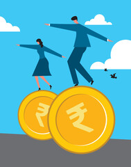 People Balance On Coin. Concept Of Financial Instability, Risks Of Investments, Impact Of Economic Downturns. People Trying to Keep Balance in Swings. Vector Illustration