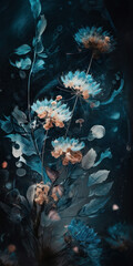 Fototapeta na wymiar A beautiful drawn bright color flower coming out of the dark.flower on a dark background. Design for walls, photo wallpapers, wallpapers, photo wallpapers, postcards, postcards. Generative AI