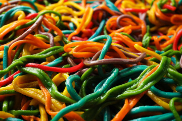 Spaghetti painted with different food colorings as background, closeup