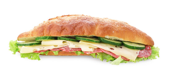 Delicious sandwich with cucumber, cheese, salami and lettuce leaves isolated on white