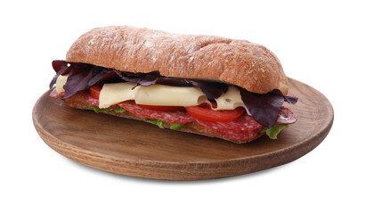 Delicious sandwich with cheese, salami, tomato isolated on white