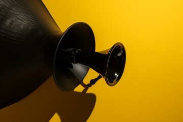 Silhouette megaphone atop yellow bg for business communication, flatlay top-down view. Generative AI