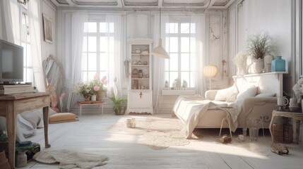 Shabby chic interior design room with beautiful lightning generative ai