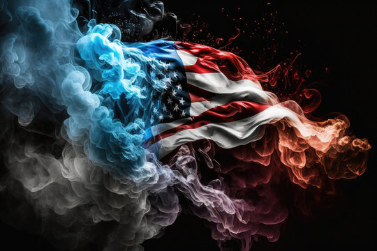 AI generated american flag form smoke on black background at USA independence day