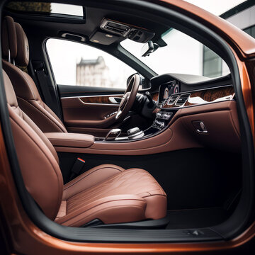 spacious interior and luxurious features of our new sedan, with a close-up shot of the leather seats and polished wood accents, ai