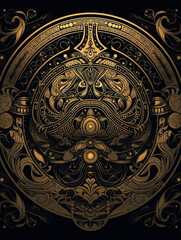 Golden decoration with ornate steampunk ornament on black background, metallic floral ornaments. Generative AI