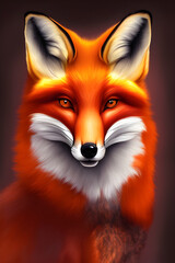 Fototapeta premium Portrait of a red fox on a dark background. The head of a beautiful forest animal. A clever look of a dodgy fox, a skilled predator and an elegant animal, generative ai