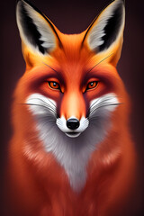 Obraz premium Portrait of a red fox on a dark background. The head of a beautiful forest animal. A clever look of a dodgy fox, a skilled predator and an elegant animal, generative ai