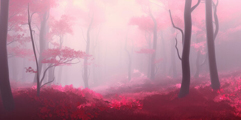 Light reds and light pinks hues, hint of fantasy forest, haze, animation, blended together