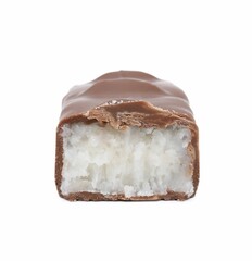 Piece of sweet tasty chocolate bar on white background