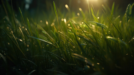 Juicy lush green grass in a meadow with drops of water dew in the morning light in spring summer outdoors close-up, panorama.purity and freshness of nature, copy space. Generative AI