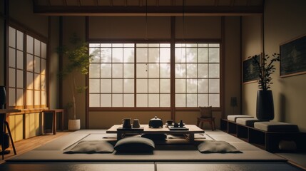 Japandi interior design room with beautiful lightning generative ai