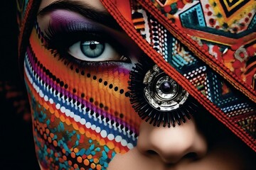 fashion editorial style extreme close-up shot, bold and colorful pattern, model with dramatic eye makeup, elaborate jewelry pieces, maximalist aesthetic. generative AI