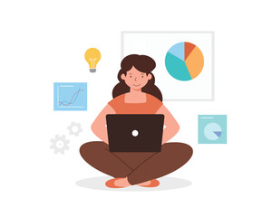 girl with laptop sitting on the floor with data icons