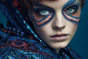 fashion editorial style extreme close-up shot, bold and colorful pattern, model with dramatic eye makeup, elaborate jewelry pieces, maximalist aesthetic. generative AI