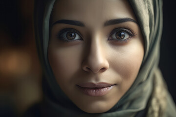Muslim woman in hijab looking at camera. Created with artificial intelligent.