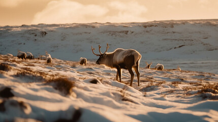 Deer with beautiful landscape in the golden hour of Iceland AI