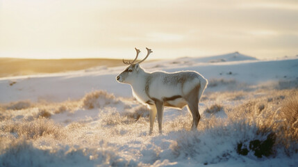 Deer with beautiful landscape in the golden hour of Iceland AI