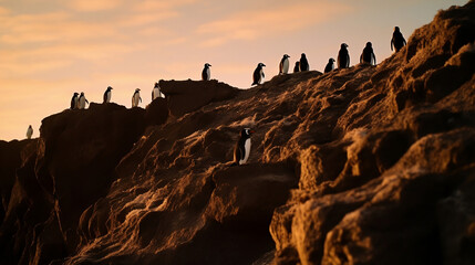 Penguins with a beautiful landscape in the golden hour of Iceland AI
