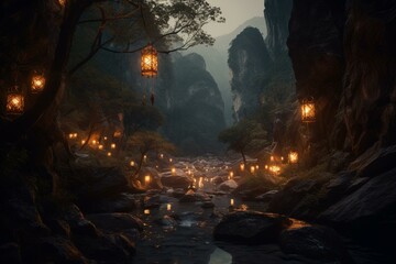 Fototapeta na wymiar Mystical elven gorge with mountains, trees, stream, and enchanting lanterns and fireflies. Generative AI