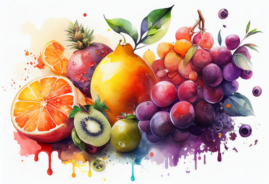 Still life of colorful fruit, painted in watercolor. AI Generated
