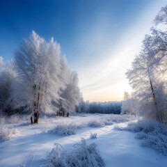 Obraz na płótnie Canvas beauty of a winter wonderland with a photograph of a snowy landscape, with a forest of trees in the background and snowflakes falling gently from the sky, during the morning of Christmas Day, ai