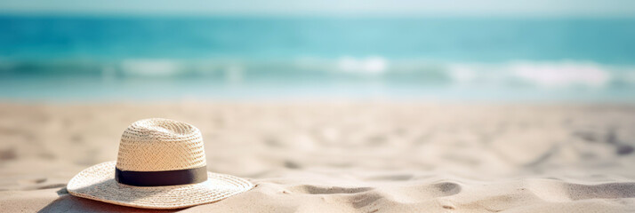 Fototapeta na wymiar Straw hat on the beach close up, blur ocean background. Summer holidays accessory, copy space. Generative AI
