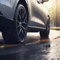 car stopping on a wet road with a focus on the tires gripping the road, ai